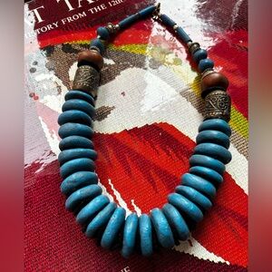 Authentic Moroccan Necklace Berber Tribal Hand-Carved Blue Clay/Filigree Metal🔥